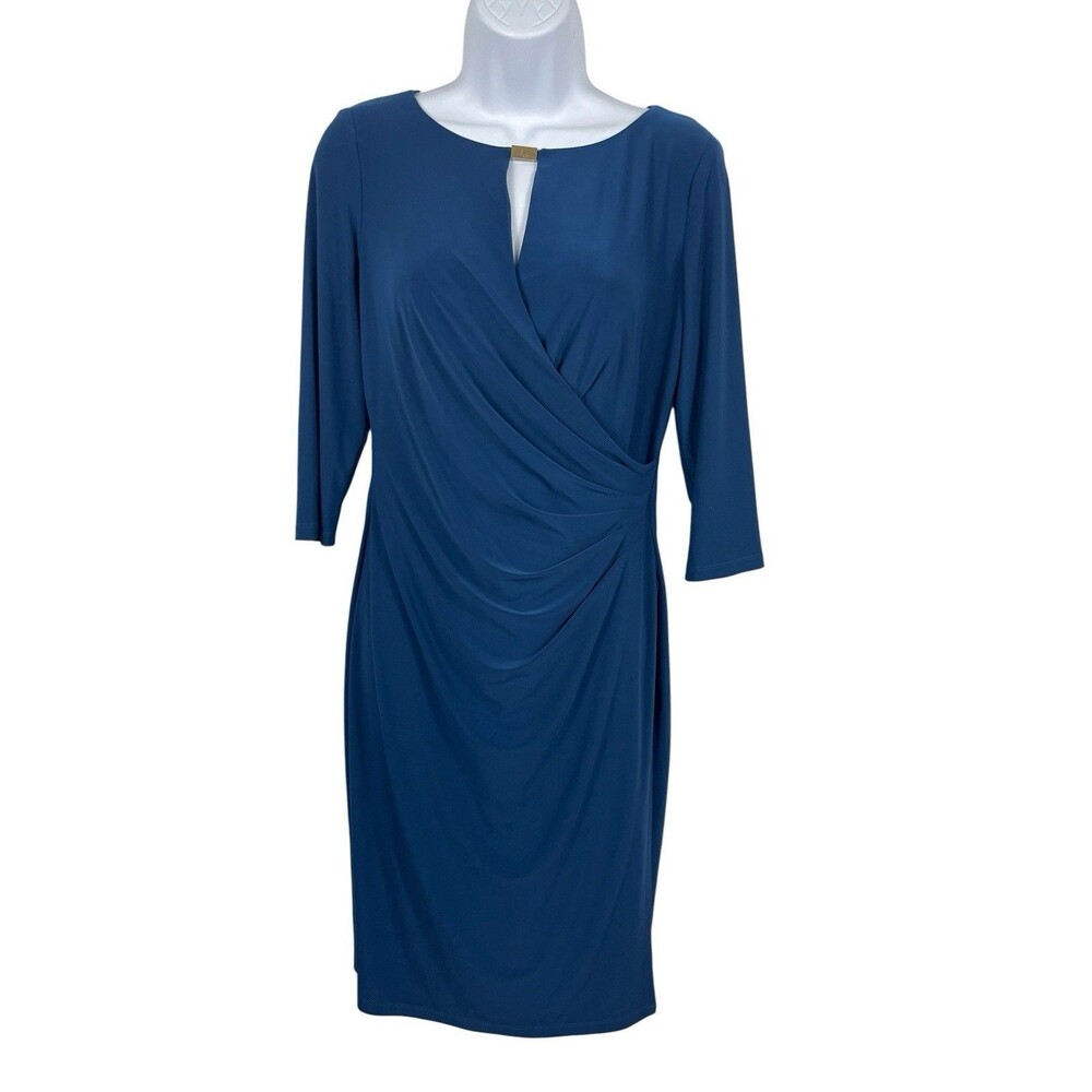 Lauren Ralph Lauren Dress 6 Teal Blue Ruched Draped Faux Wrap Sheath Cocktail